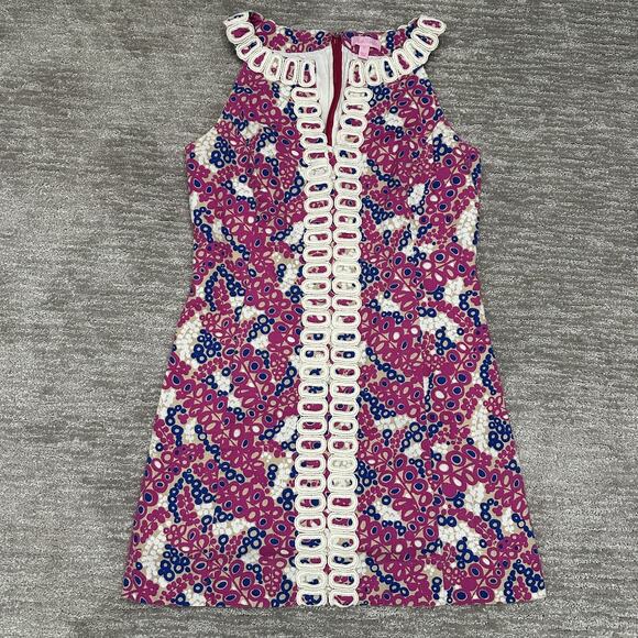 Lilly Pulitzer Dresses & Skirts - Lilly Pulitzer Dress Womens 12 Pink Blue Shift Sleeveless Lace Trim Printed